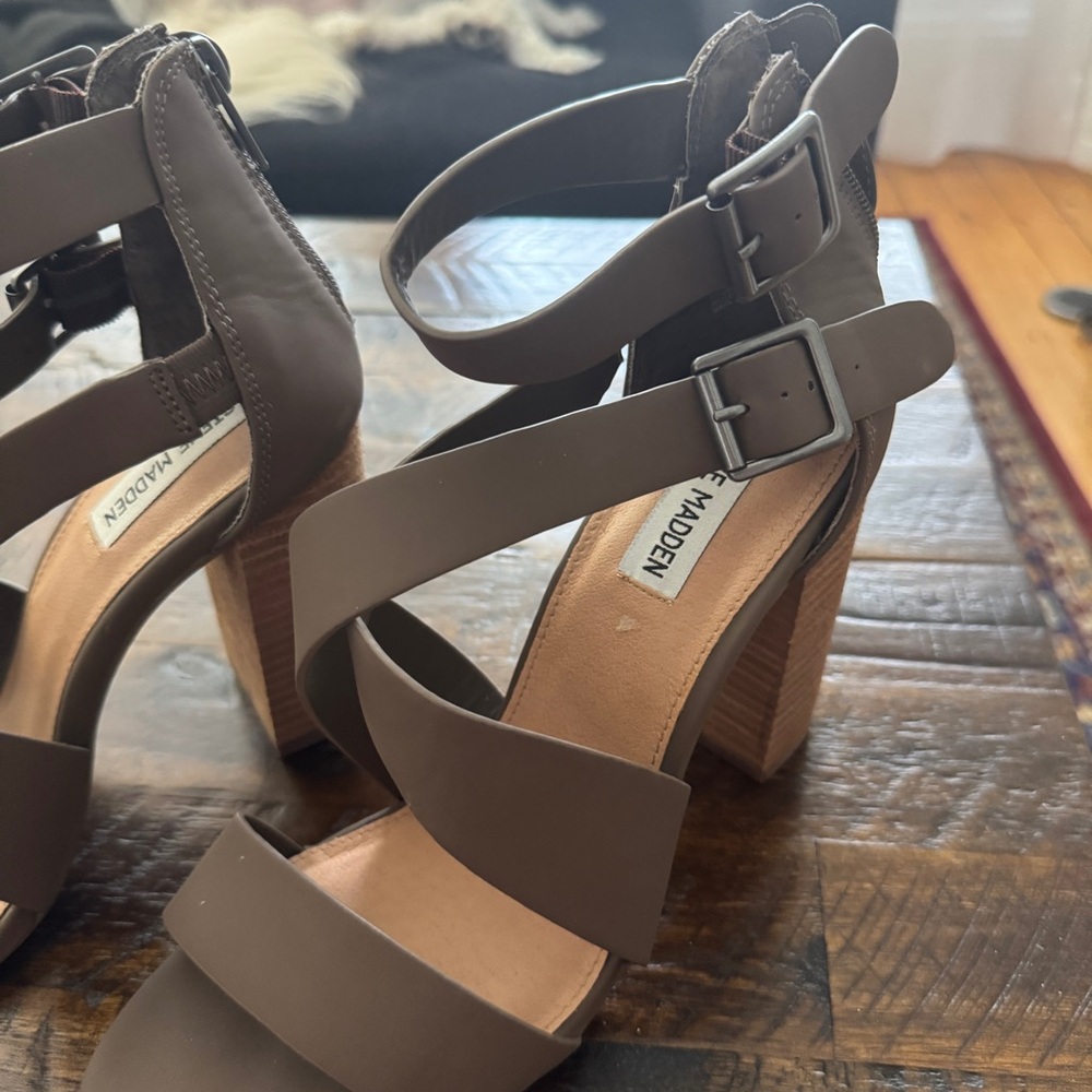 Steve Madden Taupe Block Heel Sandals - Strappy Ankle Buckle